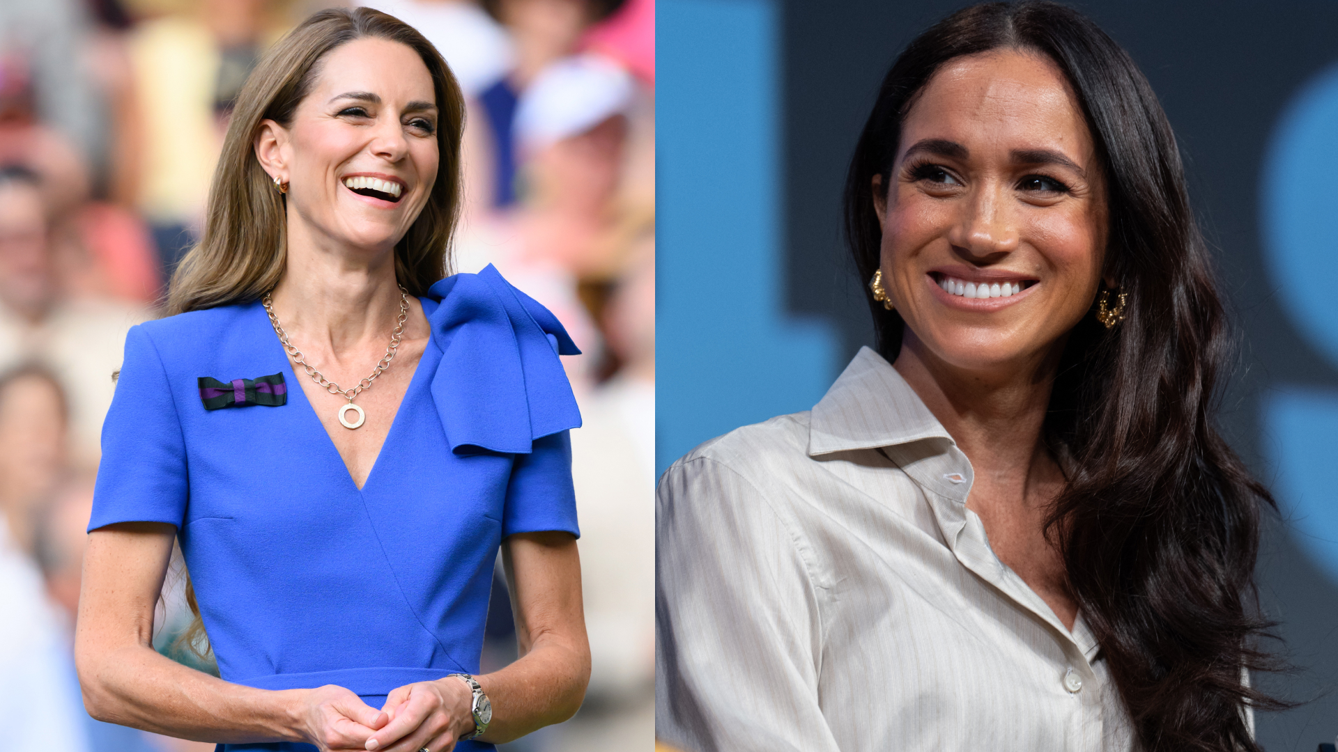 Kate Middleton laughing in a blue dress; Meghan Markle smiling in a tan button up shirt
