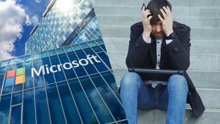 A composite shot with Microsoft on the left and a sad man on the right