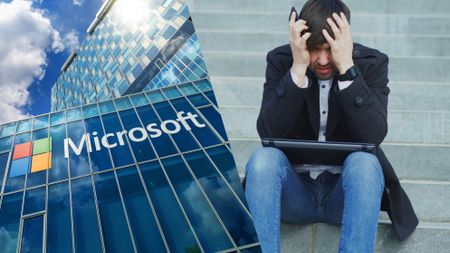A composite shot with Microsoft on the left and a sad man on the right