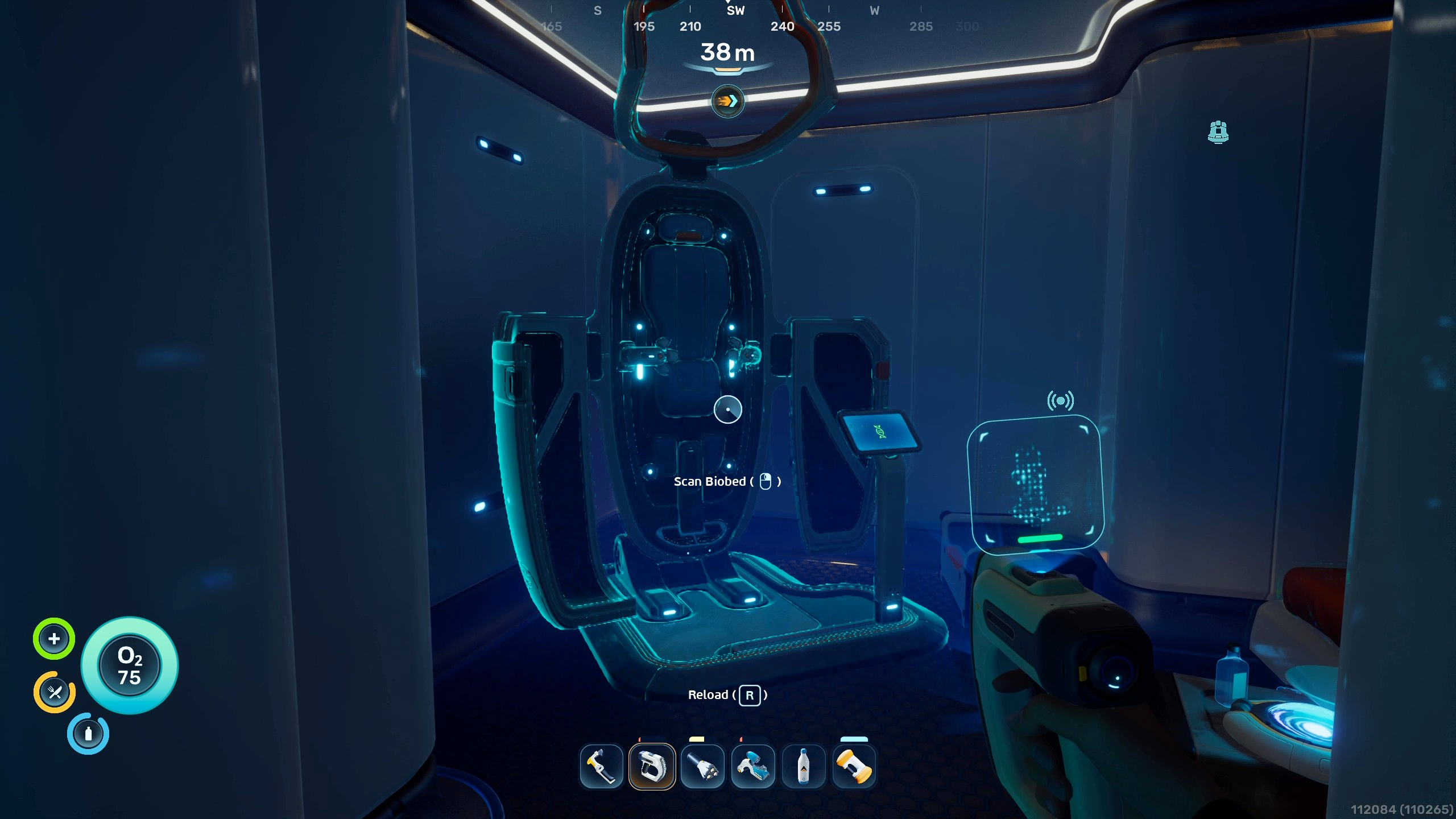 Subnautica 2 inventory size: A player looking at a Biobed inside a dark building, where you can get permanent inventory upgrades.