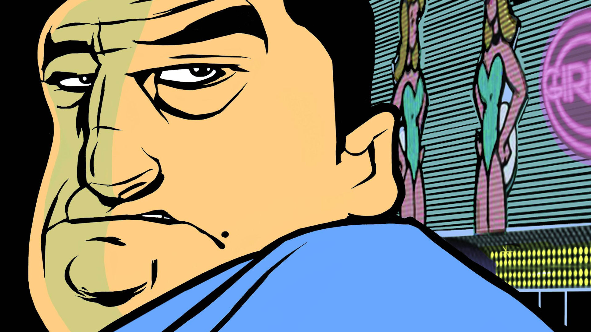 Key art for Grand Theft Auto 3 showing Mike Lips looking over his shoulder with a scowl, from the PLAY Magazine GTA 3 20th anniversary Making Of feature