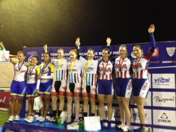 The women's team pursuit podium.