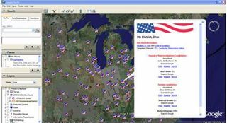 Simply by clicking on the red, white, and blue star associated with a district, like the 8th district in the crucial swing state of Ohio, users can see all candidates running for Congress in that district.