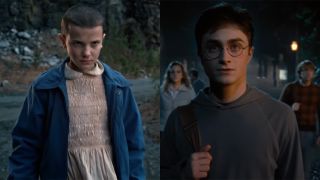 Daniel Radcliffe as an older Harry Potter with a younger Eleven from Stranger Things