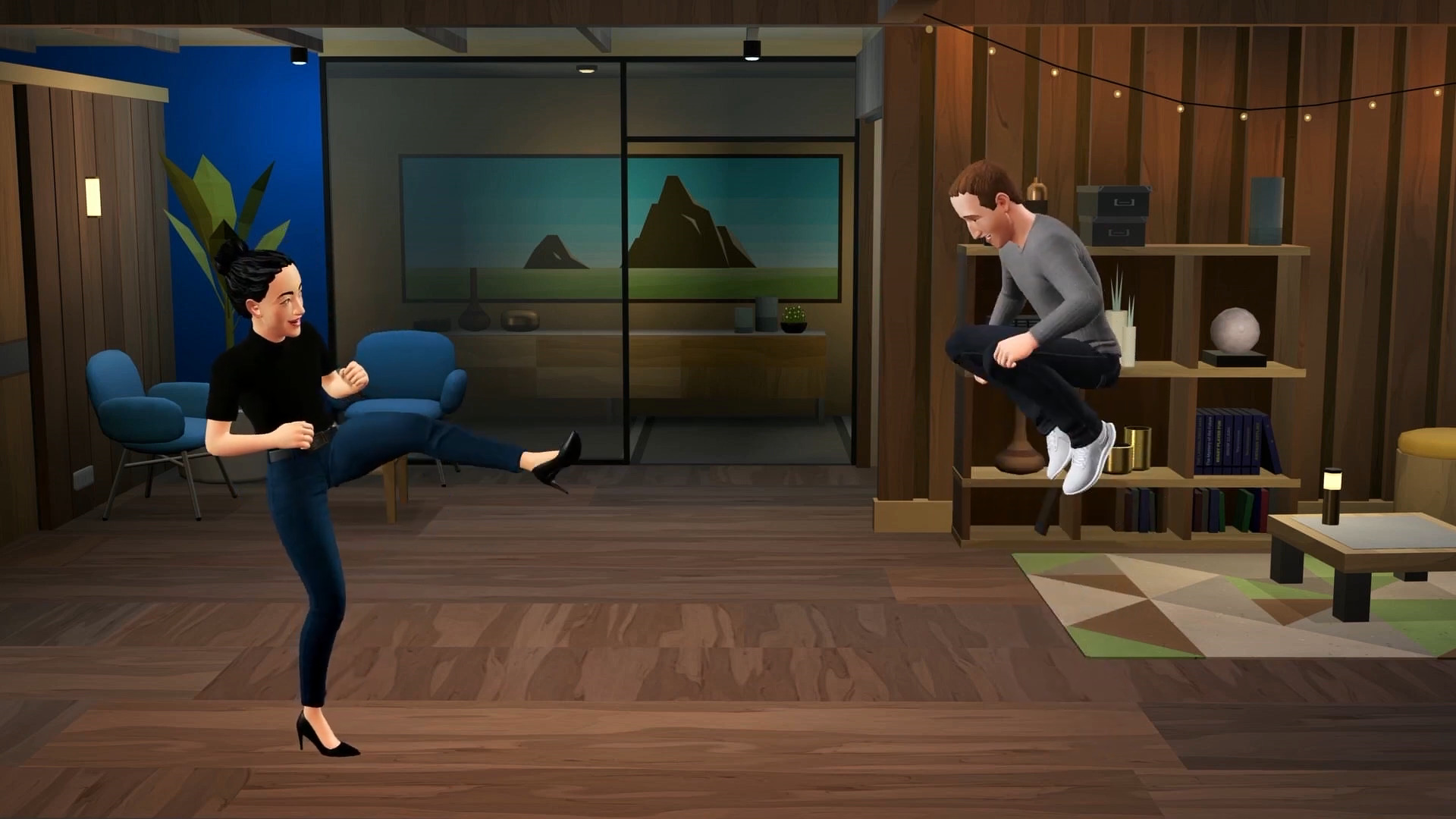 An image of Mark Zuckerberg and a colleague showing off their legs in the metaverse