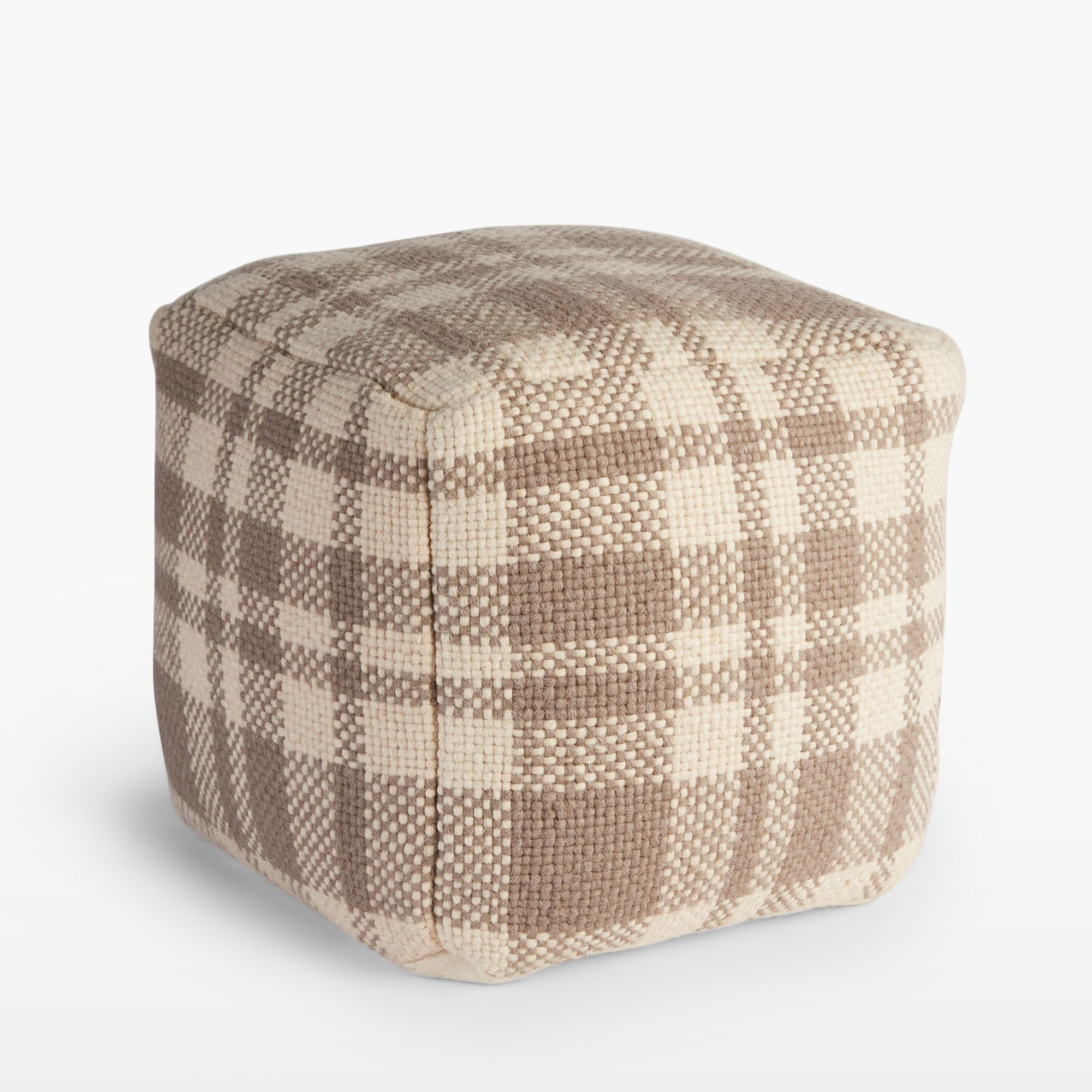 plaid wool poof in shades of tan and beige