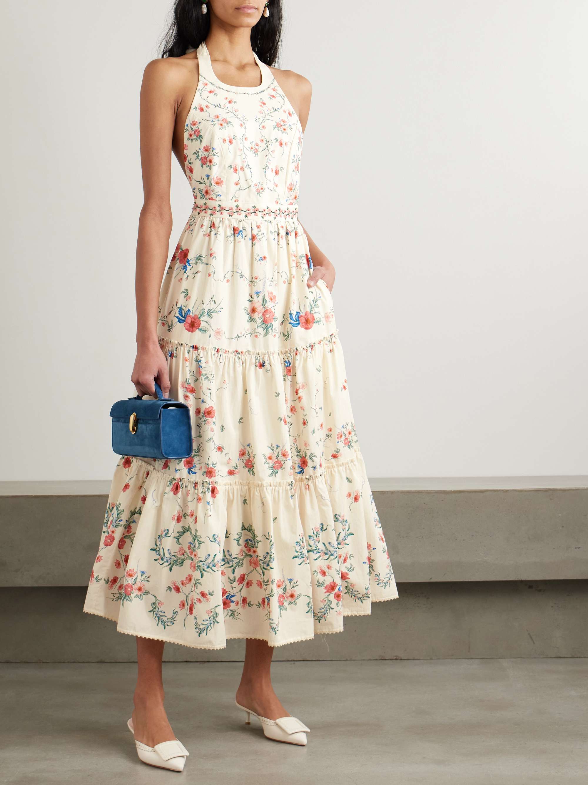 Consuelo Mosqueta Embroidered Tiered Floral-Print Cotton-Poplin Midi Dress