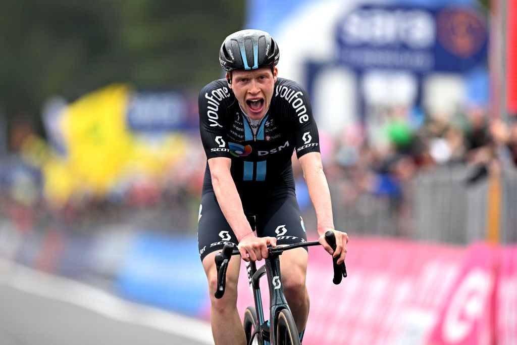 LAGO LACENOBAGNOLI IRPINO ITALY MAY 09 Andreas Leknessund of Norway and Team DSM crosses the finish line as second place winner during the 106th Giro dItalia 2023 Stage 4 a 175km stage from Venosa to Lago Laceno 1059m Bagnoli Irpino UCIWT on May 09 2023 in Bagnoli Irpino Italy Photo by Stuart FranklinGetty Images