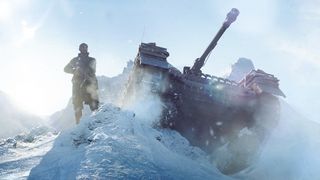 A soldier and tank in the snow in Battlefield V.