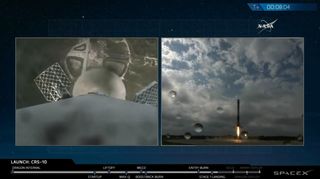 This still from a NASA TV webcast shows a Space feed of the Falcon 9 booster returning to land (right) and a view from the booster itself before touchdown on Feb. 19, 2017 on Landing Zone 1 at Cape Canaveral Air Force Station, Florida.