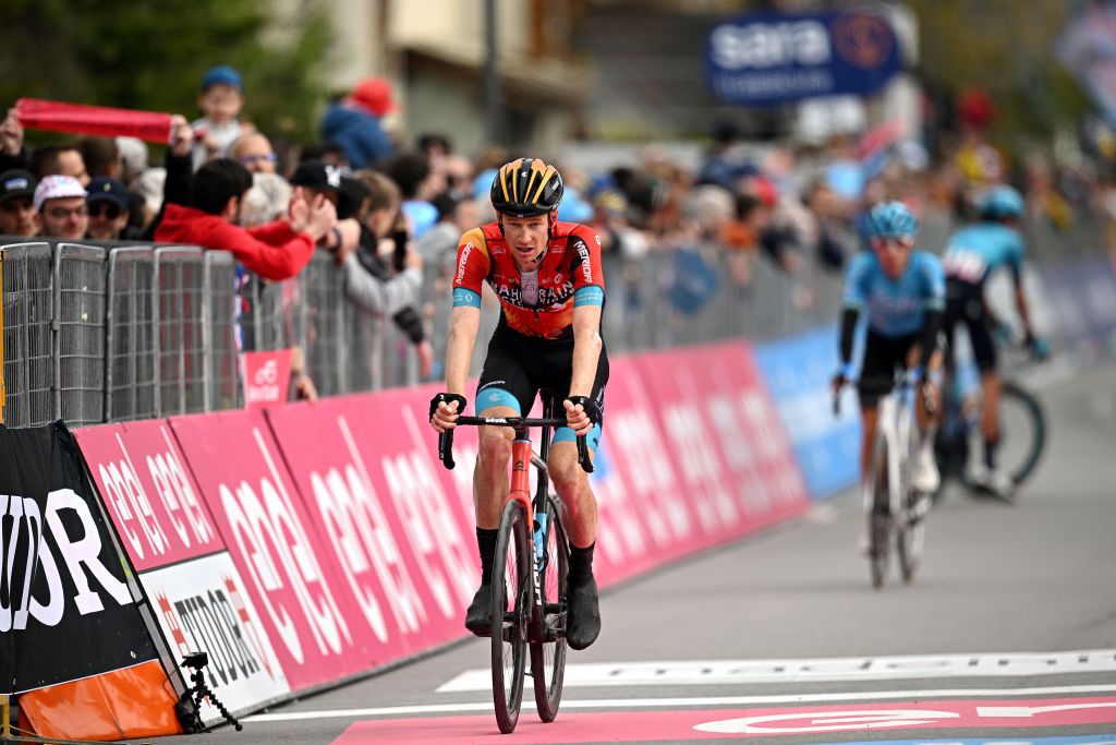 Jack Haig (Bahrain Victorious) cuts a lonely figure at the finish of stage 13 of the Giro d&#039;Italia