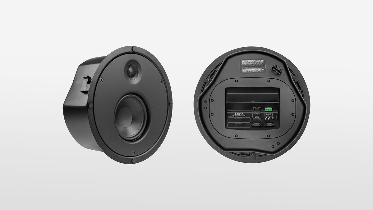 A close look at two angles of Genelec&#039;s new Smart IP loudspeaker debuting at ISE 2023. 