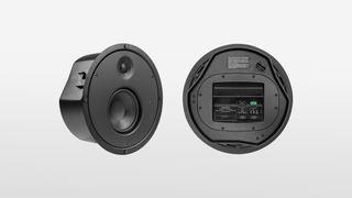 A close look at two angles of Genelec's new Smart IP loudspeaker debuting at ISE 2023. 