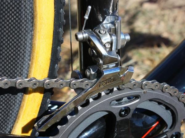 SRAM's Force front derailleur has proven popular with pros given the stiffer - and heavier - steel cage.
