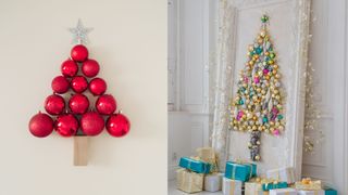 two pictures of baubles hung in a christmas tree shape