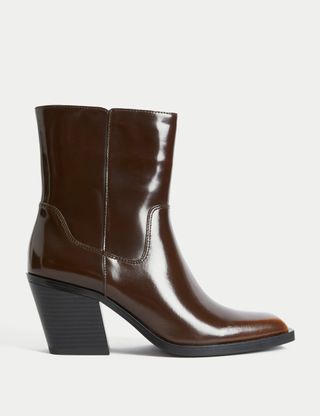 Leather Cow Boy Block Heel Ankle Boots