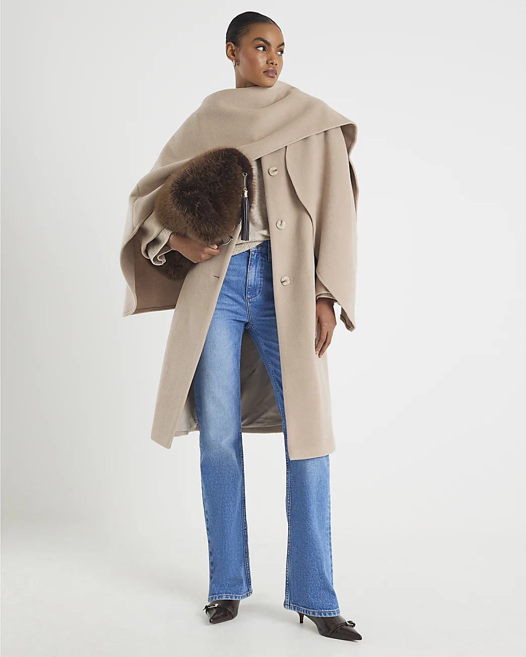 River Island, Cream Scarf Cape Coat