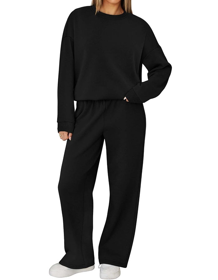 Xieerduo Sweat Set 2 Piece Sets for Women Lounge Sets Black Workout Set Fall Fashion Must Haves Women Clothing Airport Outfits 2025 Wide Leg Sweatpants S