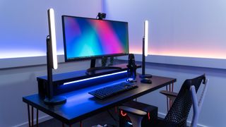 Pair of Logitech Litra Beams on a desk