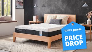 The Tempur-Pedic Essential Mattress shown on a light wooden bedframe with a blue price drop sales badge overlaid
