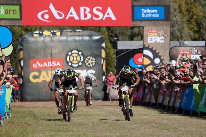 Robert Mennen and Alban Lakata of Topeak Ergon Racing sprint for second place during the final stage (stage 7) of the 2012 Cape Epic