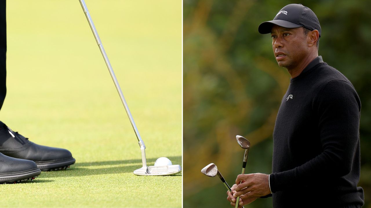 Tiger Woods&#039; Scotty Cameron behind the ball and Woods walking holding wedges