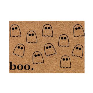 A Halloween doormat with ghosts illustrations that says 