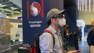 At GDC 2022, an Android Central writer wears the Lenovo ThinkReality A3 glasses using Qualcomm's Snapdragon Spaces