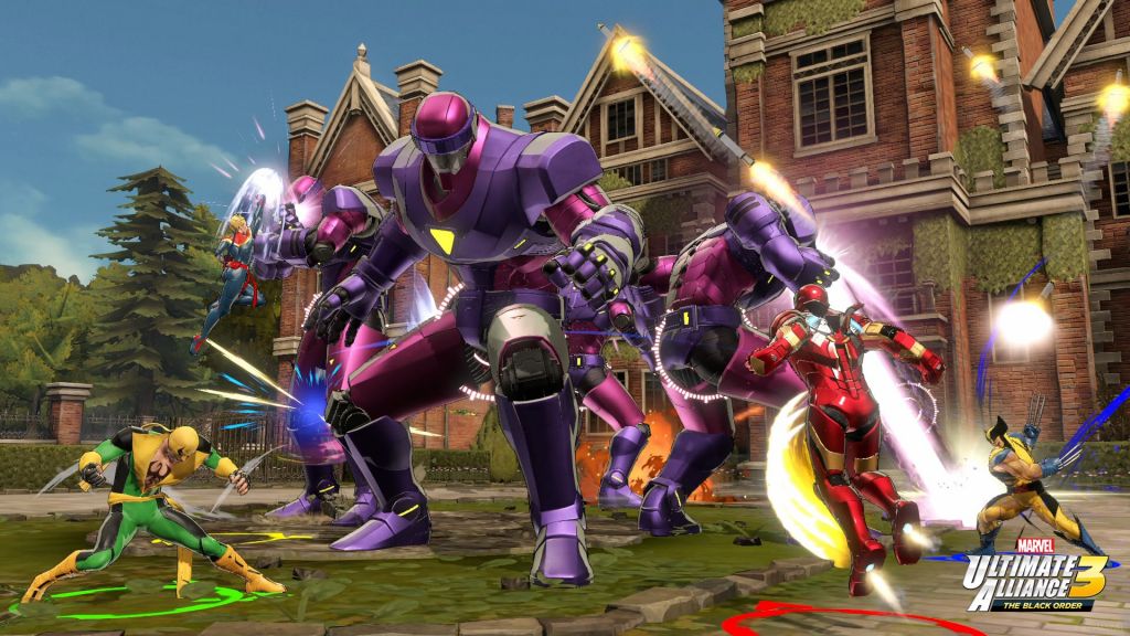 A screenshot from marvel ultimate alliance 3, showing Captain Marvel, Iron Fist, Iron man and Wolverine attacking a group of Sentinels.