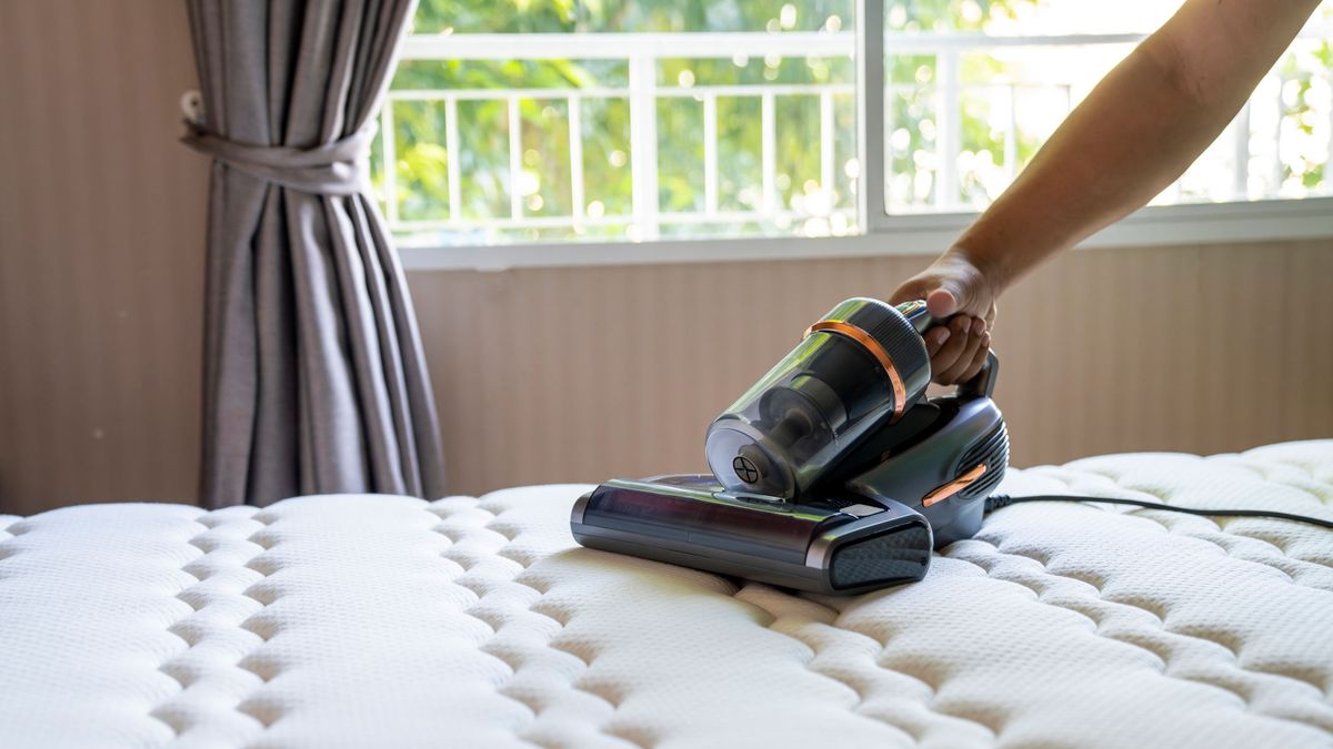 A close-up picture of someone vacuuming a mattress