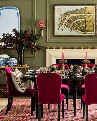 Festive dining room with colorful upholstered chairs