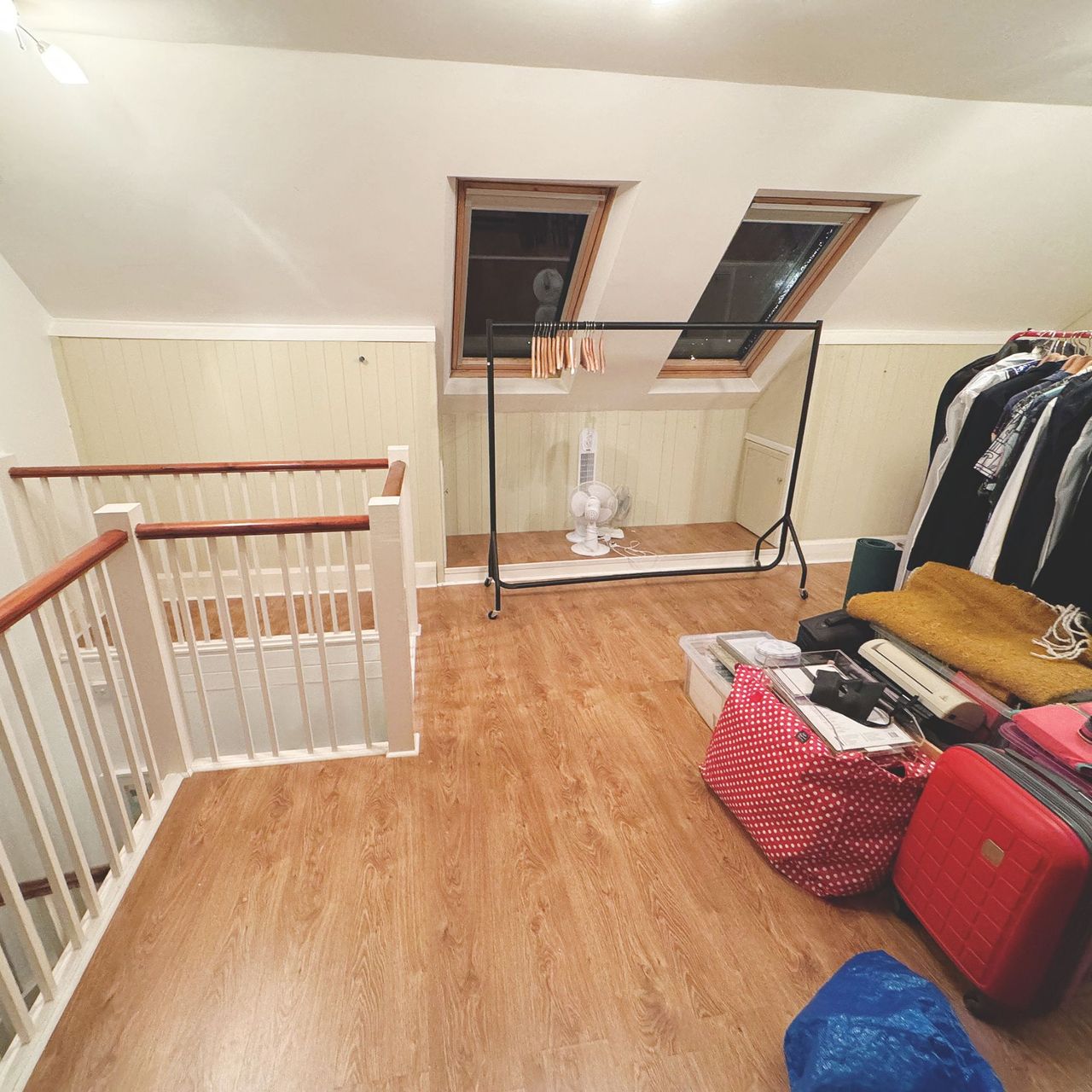 Before photos of loft bedroom with staircase