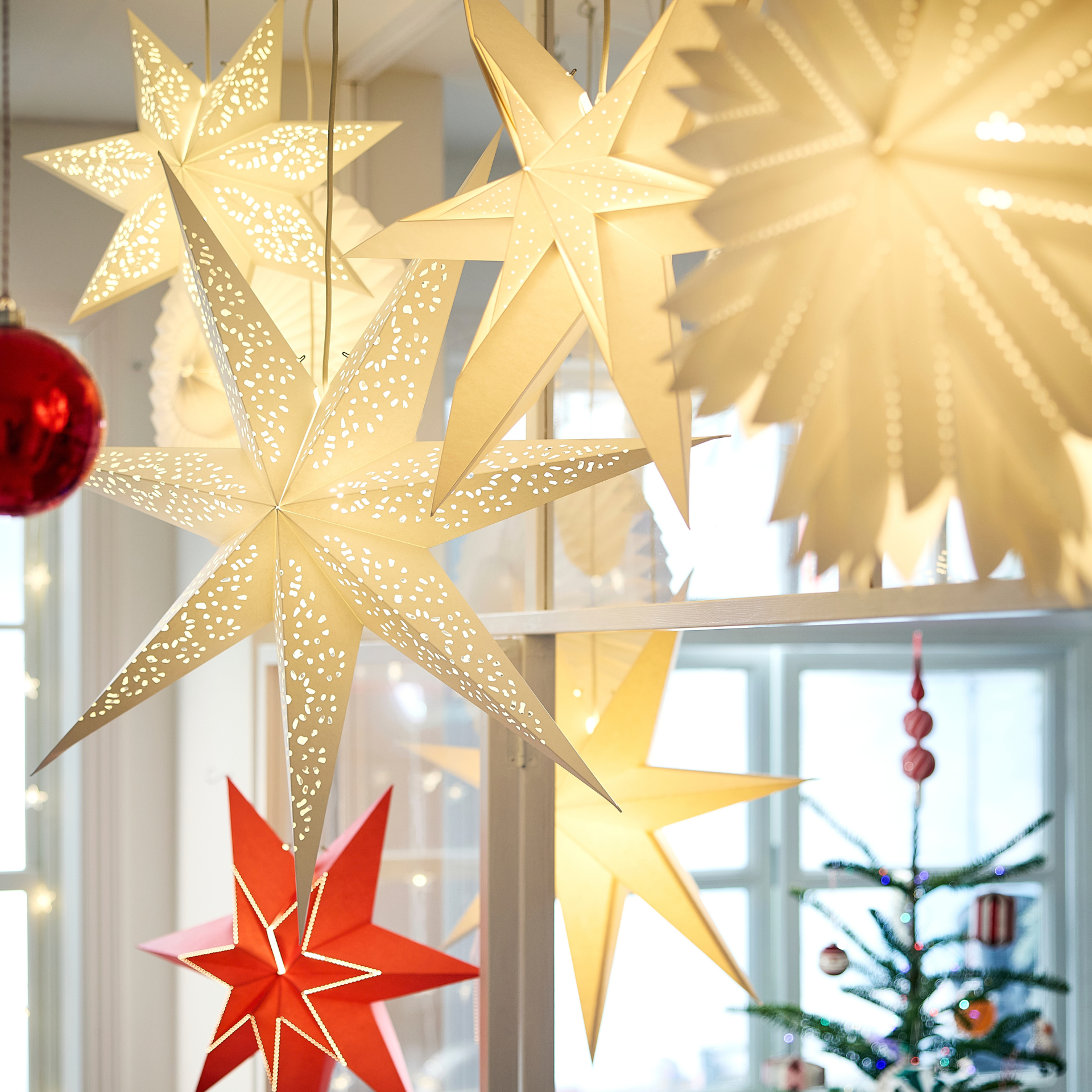 IKEA STRALA lights hanging from ceiling.