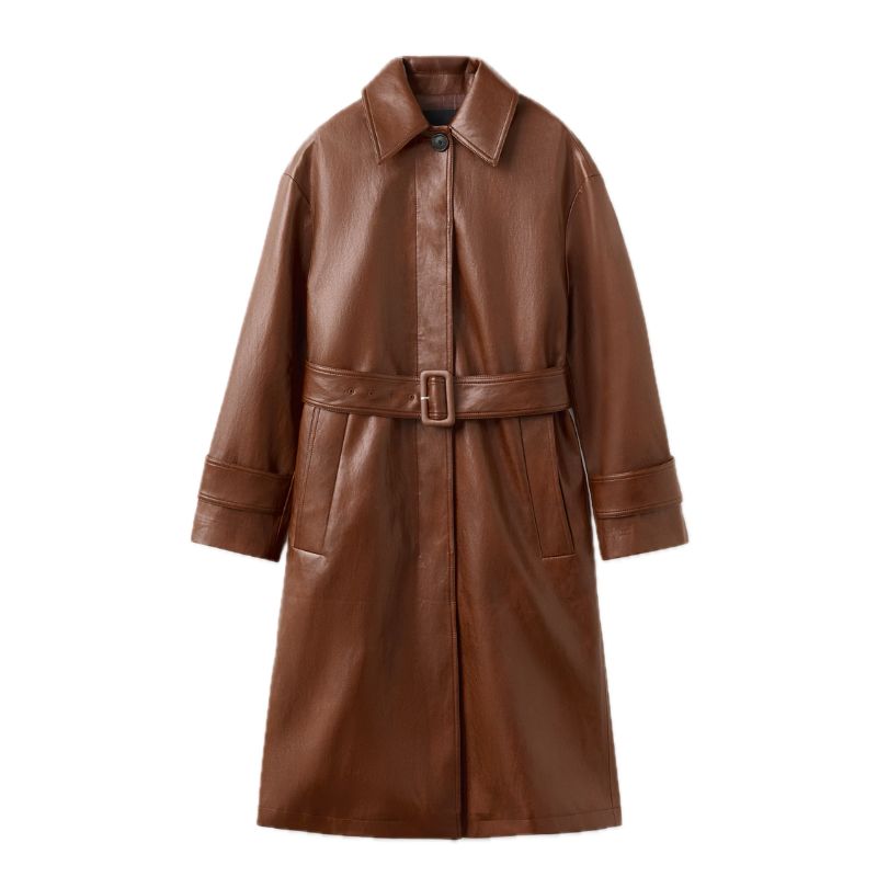 Mango , Long Faux-Leather Trench Coat with Belt