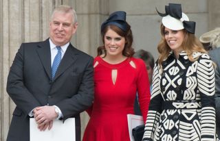 Prince Andrew, Duke of York, Princess Eugenie and Princess Beatrice attend a National Service of Thanksgiving