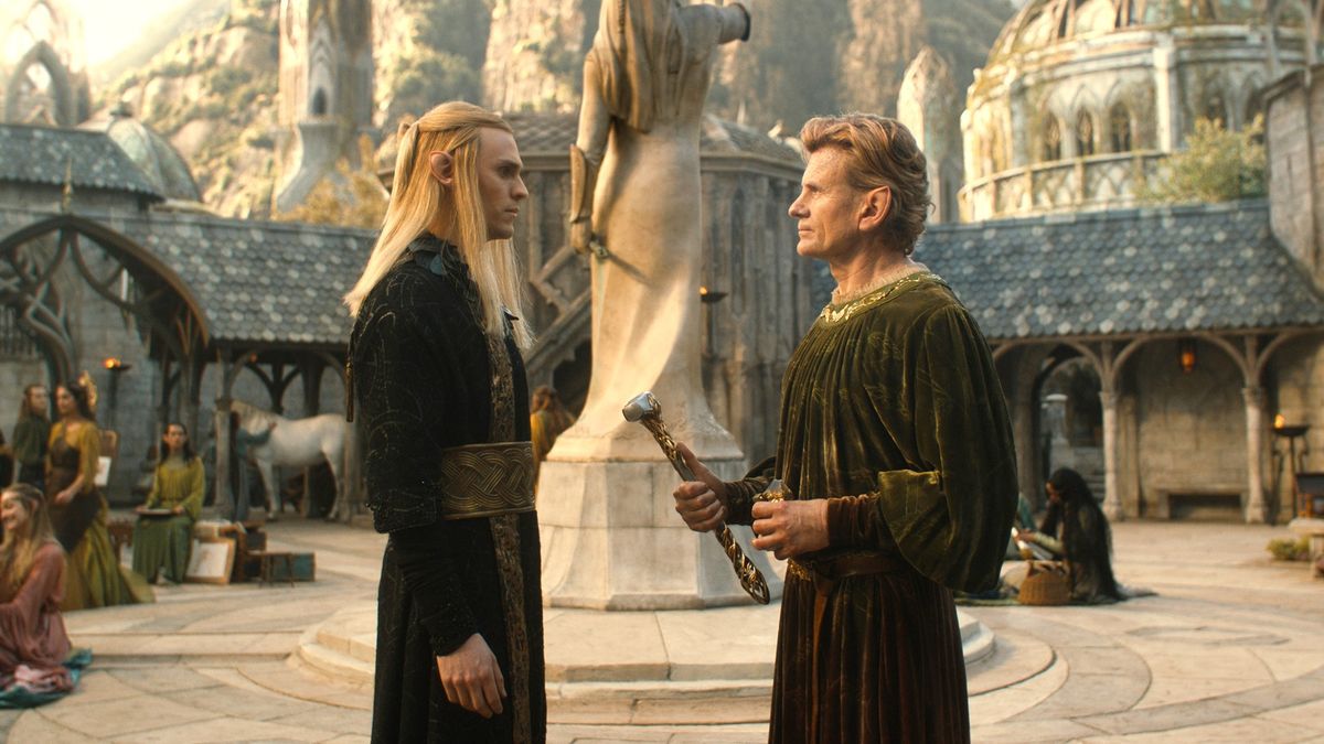 Sauron (Charlie Vickers) and Celebrimbor (Charles Edwards) standing side-on in Eregion, facing one another as seen in &quot;The Rings of Power&quot; season 2