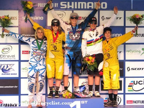 Women's downhill Windham World Cup podium: Myriam Nicole, Floriane Pugin, Rachel Atherton, Tracy Moseley, Emilie Siegenthaler