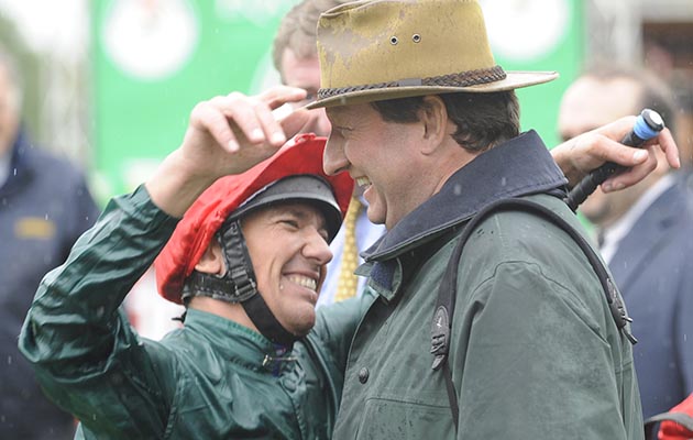 Mandatory Credit: Photo by Back Page Images/REX/Shutterstock (8479630c) The UAE Hydra Properties Falmouth Stakes.Frankie Dettori throws his arms round the trainer Mark Johnston after they had won with Nahoodh.