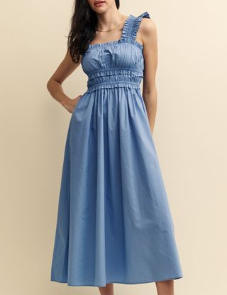 Blue Shirred Ruffle Trim Lennie Midi Dress