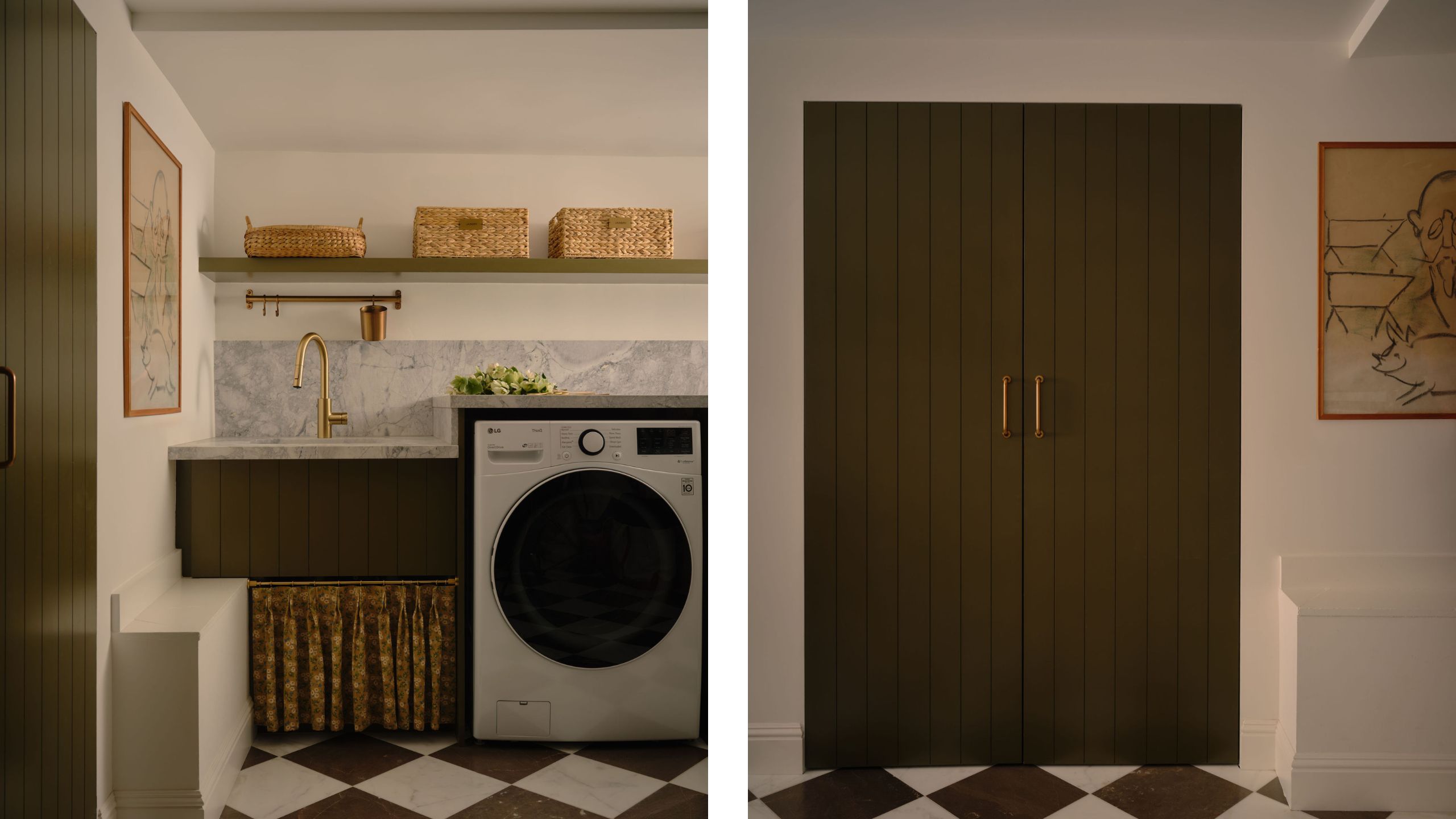 two side by side images of a laundry room with checkerboard tiled floor and olive green painted storage with a large sink and under sink skirt
