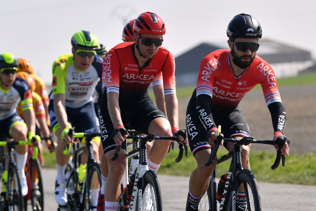 DE PANNE BELGIUM MARCH 23 LR Amaury Capiot of Belgium and Nacer Bouhanni of France and Team Arka Samsic compete during the 46th Minerva Classic Brugge De Panne 2022 a 2079km stage from Brugge to De Panne MinervaClassic on March 23 2022 in De Panne Belgium Photo by Luc ClaessenGetty Images