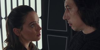 Star Wars: The Last Jedi Rey looks up to Kylo in the elevator