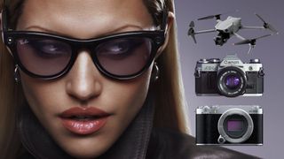 Composite image of a feminine-presenting person wearing Ray-ban Meta Wayfarer smart glasses, next to superimposed images of a DJI Air 3S drone, and Canon AE-1 and Fujifilm X-M5 cameras