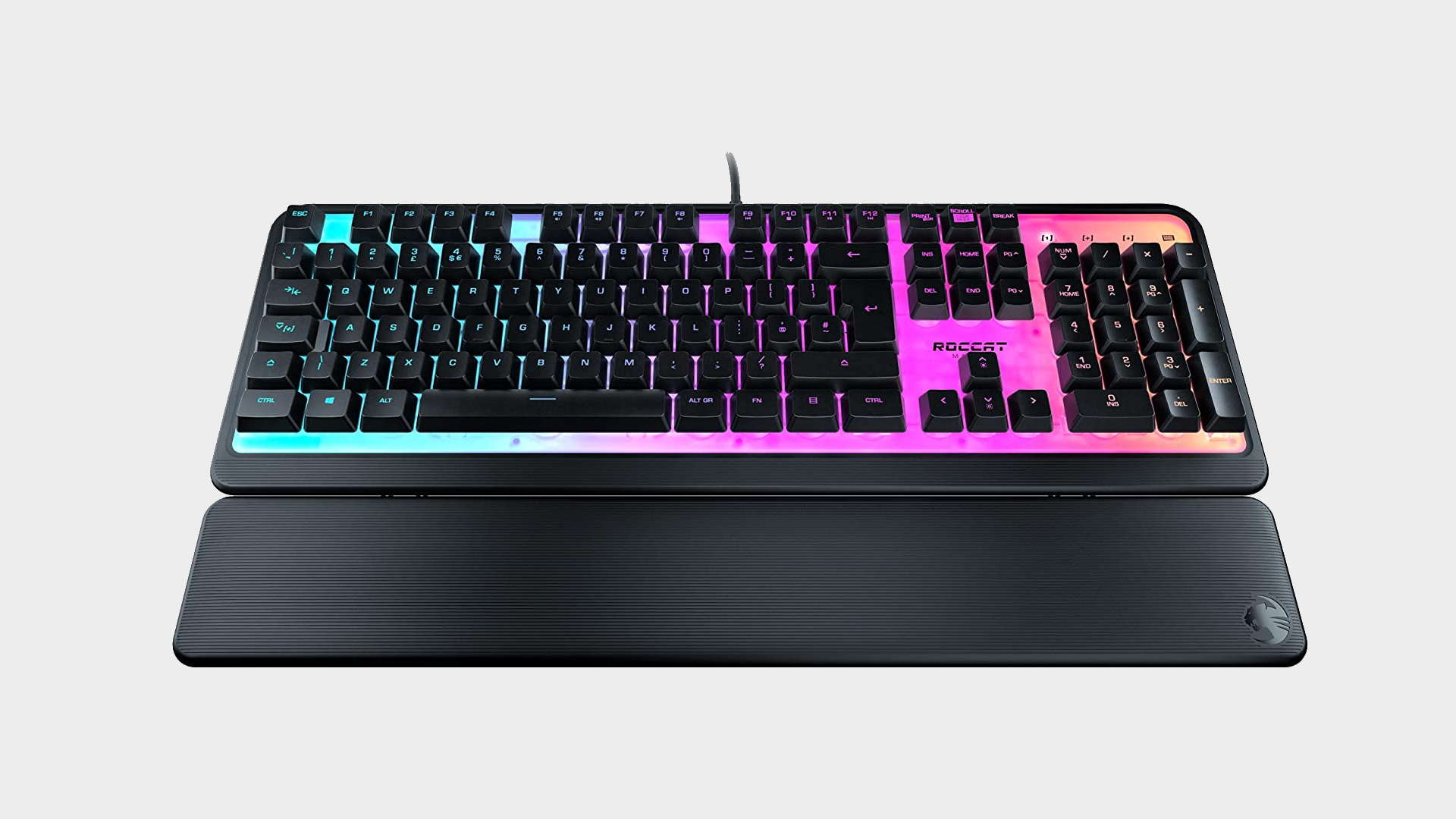 Roccat Magma membrane gaming keyboard with wrist rest on grey background