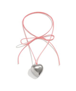 Womens Puffed Heart String Necklace Long Wrap Choker Silver Gold Heart Pendant Jewelry (pink String)