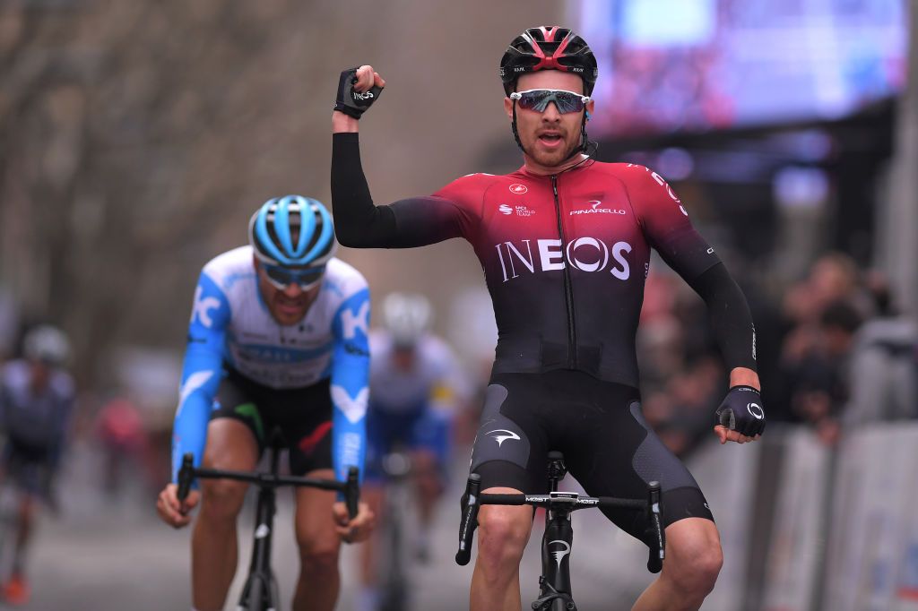 AIXENPROVENCE FRANCE FEBRUARY 16 Arrival Owain Doull of The United Kingdom and Team INEOS Celebration Matthias Brndle of Austria and Team Israel StartUp Nation during the 5th Tour de La Provence 2020 Stage 4 a 1705km stage from Avignon to AixEnProvence TDLP letourdelaprovence TDLP2020 on February 16 2020 in AixEnProvence France Photo by Luc ClaessenGetty Images