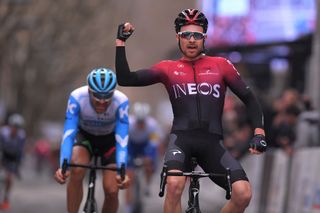 AIXENPROVENCE FRANCE FEBRUARY 16 Arrival Owain Doull of The United Kingdom and Team INEOS Celebration Matthias Brndle of Austria and Team Israel StartUp Nation during the 5th Tour de La Provence 2020 Stage 4 a 1705km stage from Avignon to AixEnProvence TDLP letourdelaprovence TDLP2020 on February 16 2020 in AixEnProvence France Photo by Luc ClaessenGetty Images