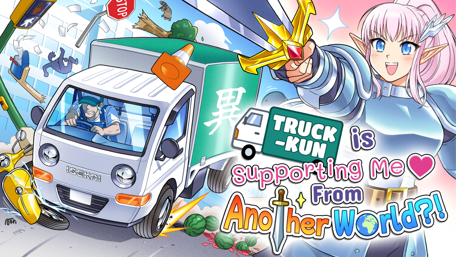 Anime illustration of a truck racing and a lade in armour and holding a sword