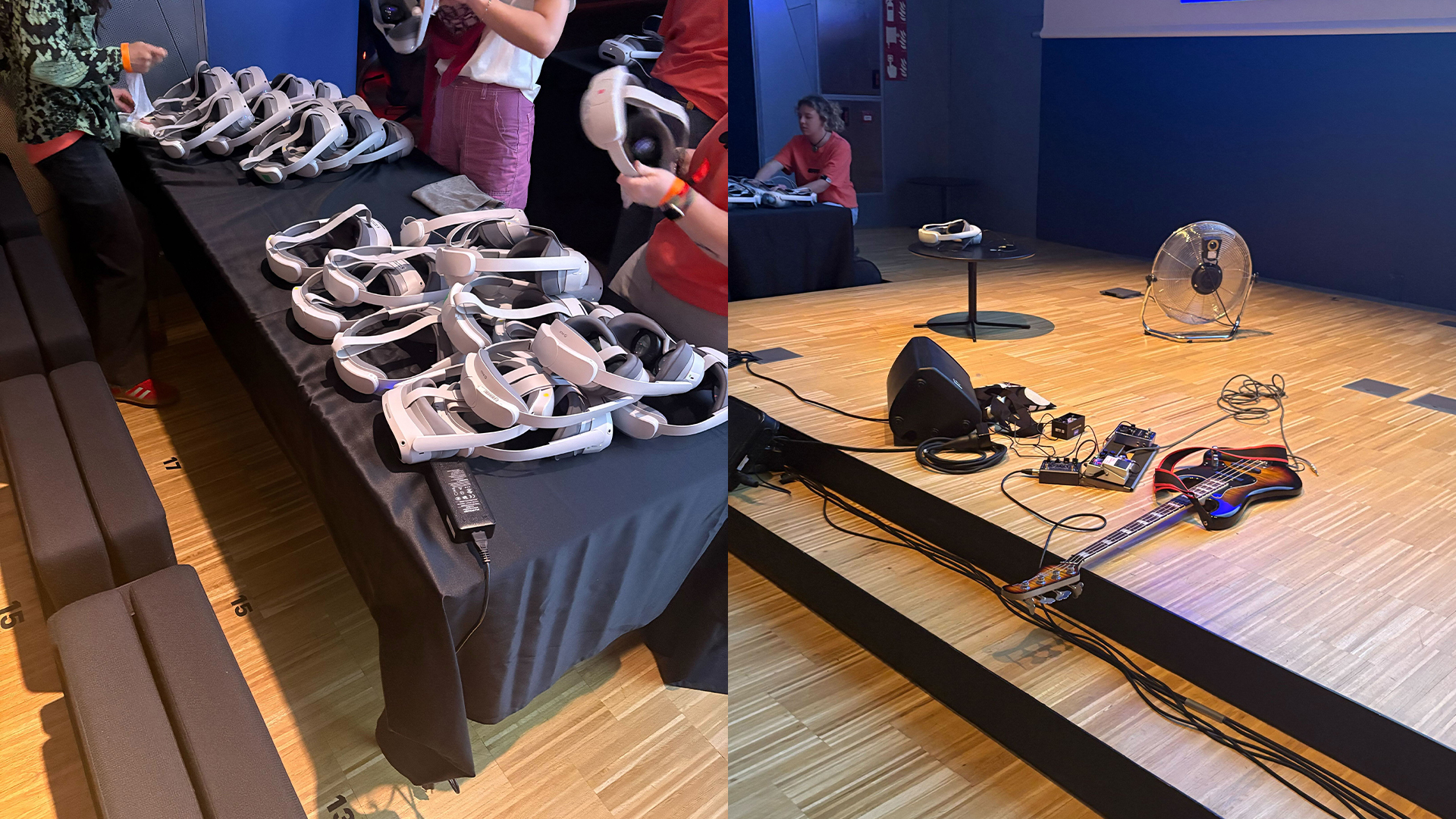 VR headsets stacked on a table and a singular guitar on a stage