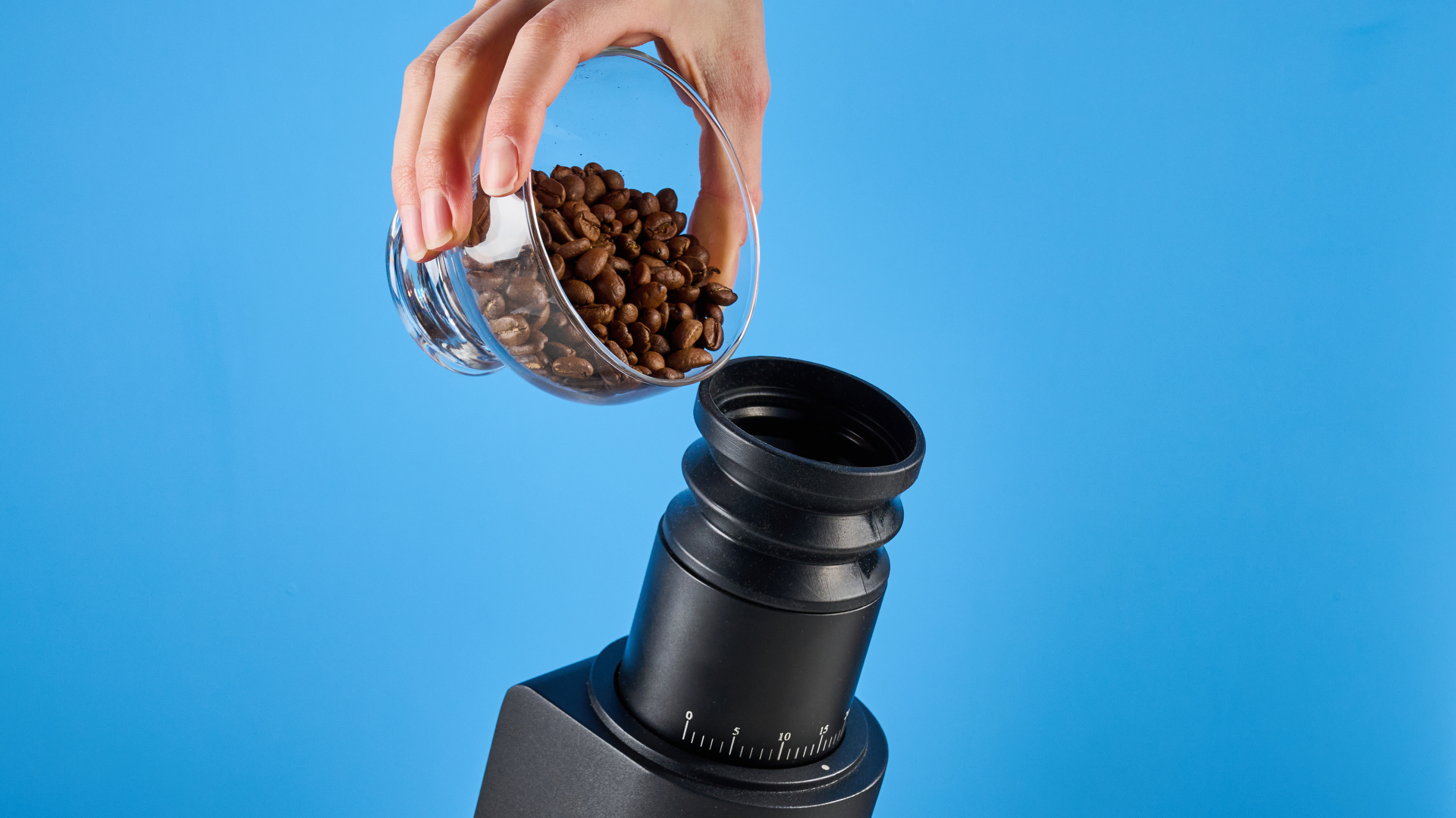 the wirsh geimori gu38 coffee grinder in black with a walnut hopper lid photographed against the blue tom's guide background